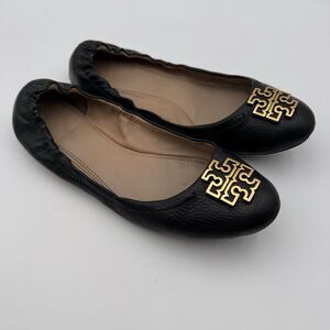 Tory Burch Melinda Black Sz 11M Leather Ballet Flats Pebbled Leather Gold Logo